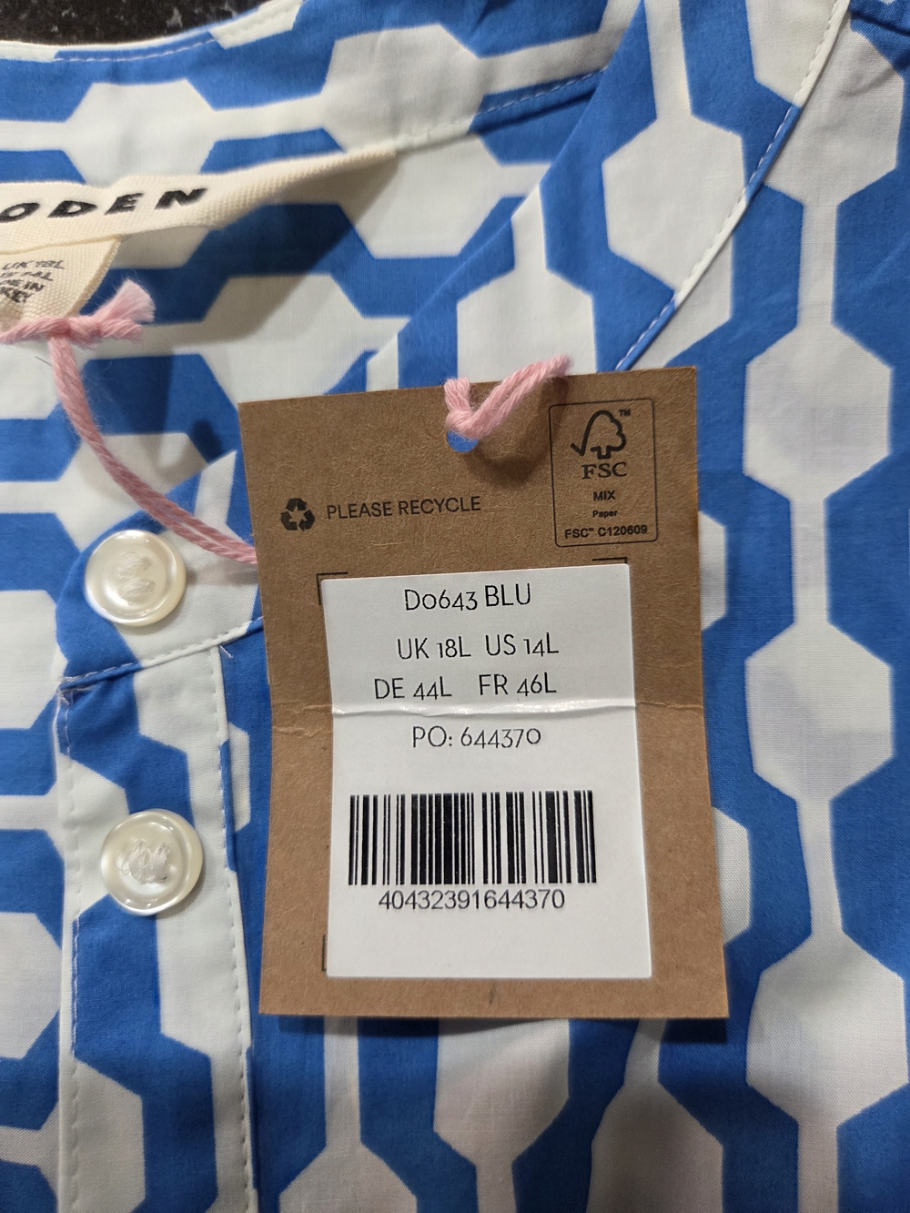 Boden Blue and White Geometric Cotton Dress - Size 14L - Picture 5 of 9
